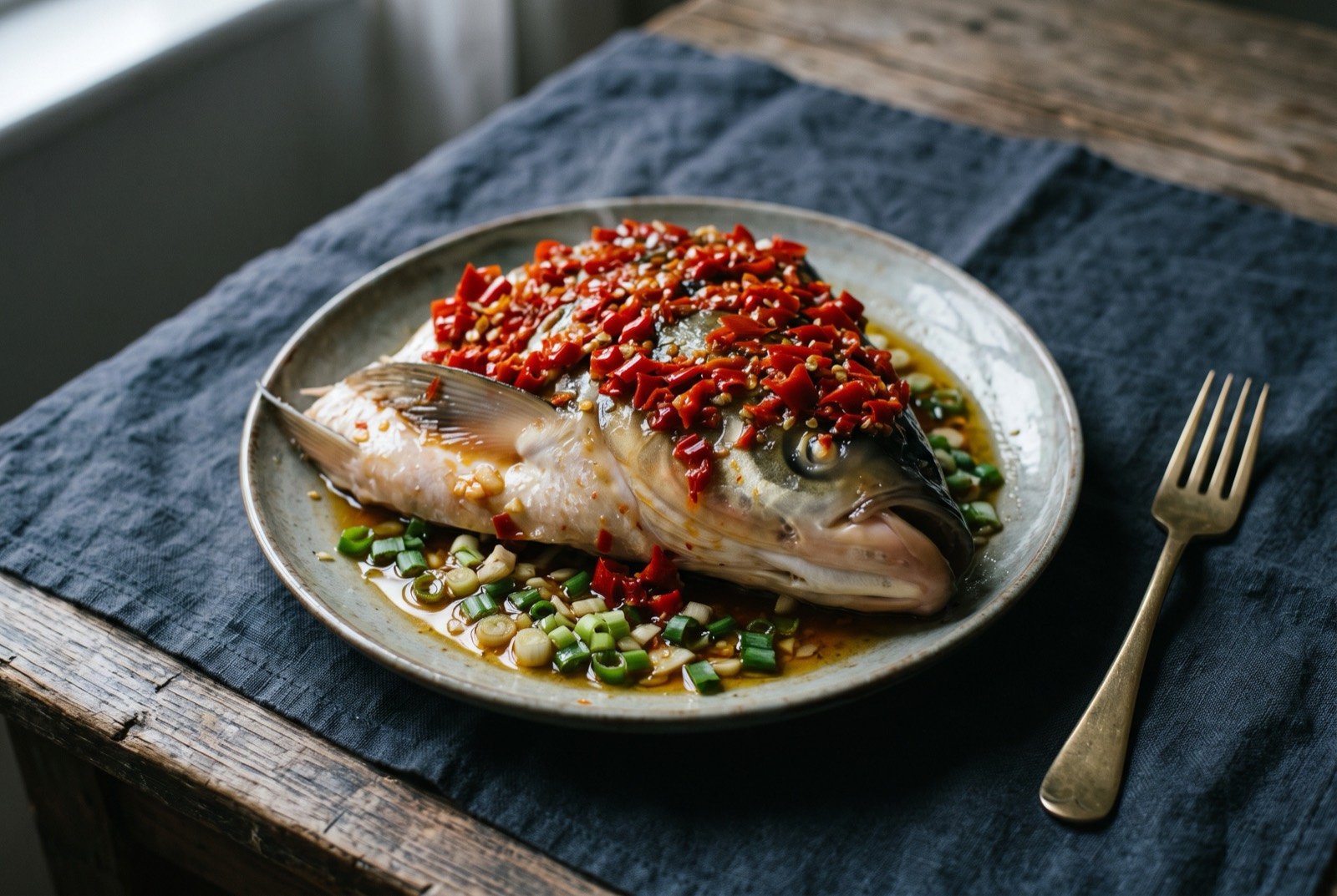 Duojiao yutou, a fish head steamed under a thick layer of chopped fermented chilli: a whole split fish head coated in a thick layer of bright red chopped chilli, its pale flesh just visible beneath the glistening sauce.