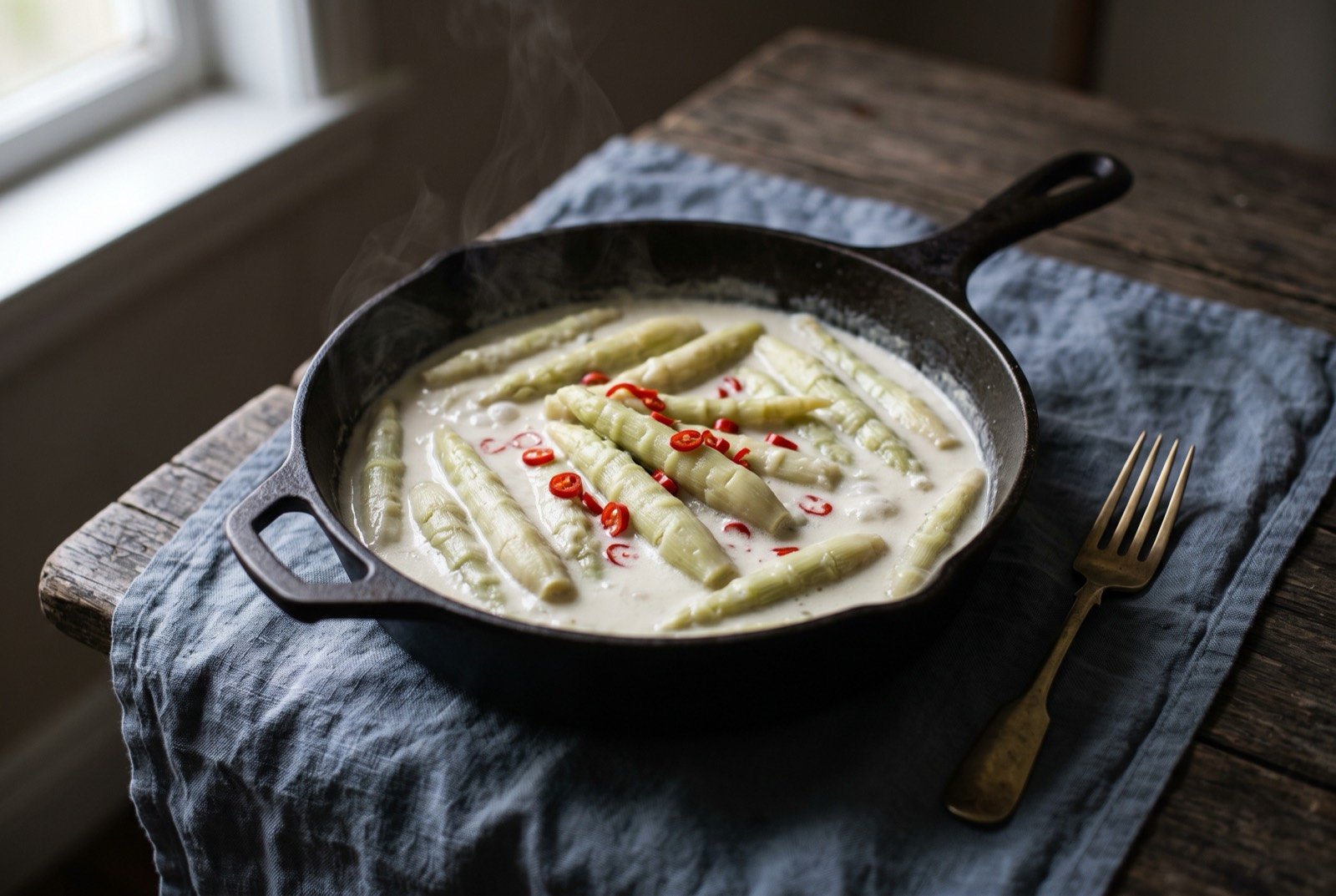 Duruka in coconut cream, Fijian cane-flower vegetable dish: pale ivory-green duruka flower heads, faintly ridged and asparagus-like, simmered whole in thick white coconut cream in a dark cast iron pot.