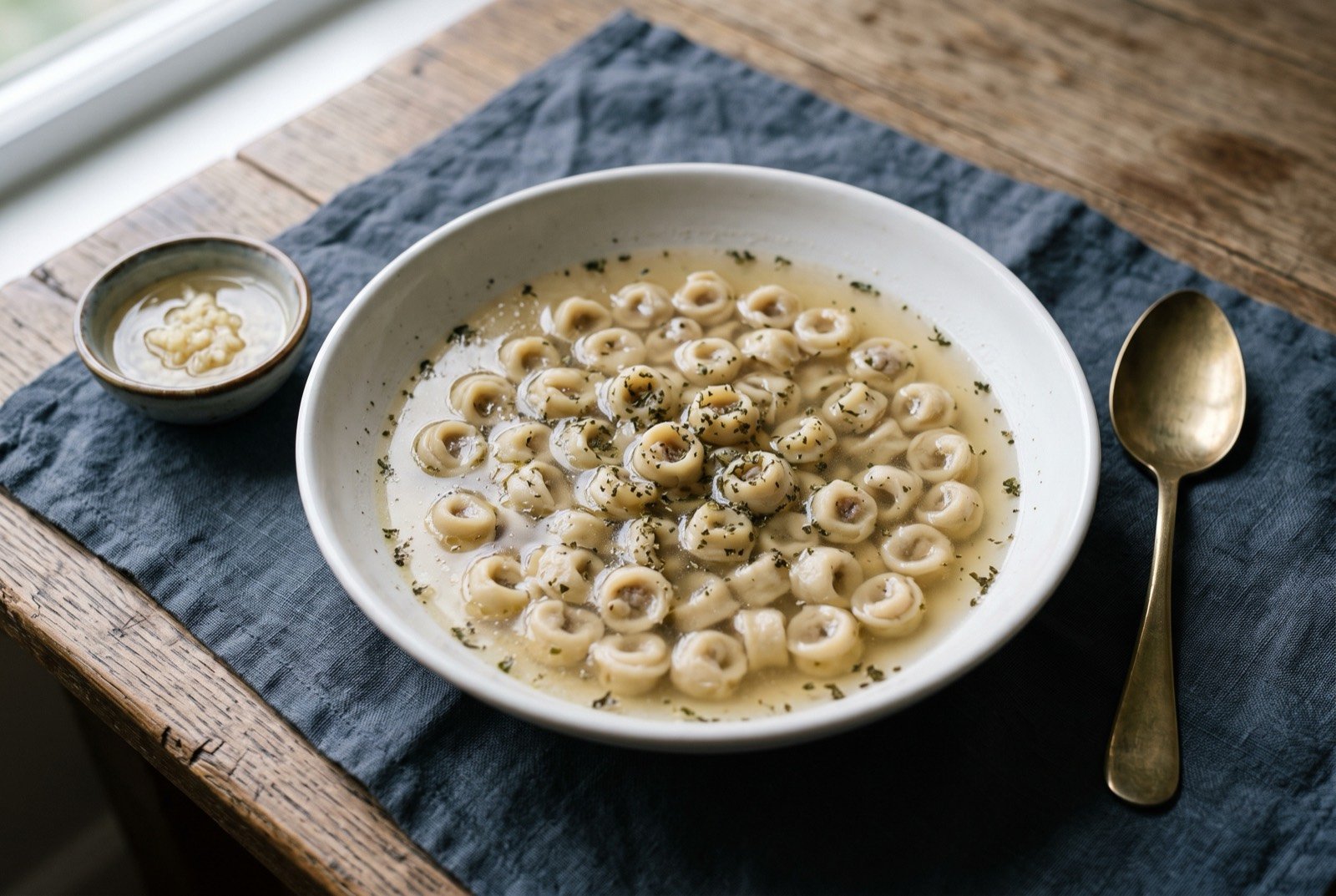 Dushbara, tiny ring shaped meat dumplings served in a clear, well seasoned broth: a wide bowl of pale golden clear broth, dozens of tiny pinched dumplings just visible beneath the surface, a scatter of dried mint flecks floating on top.