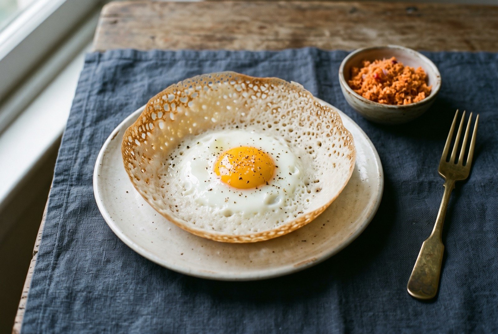 Egg hoppers, a bowl-shaped fermented rice and coconut pancake with a cracked egg centre: a bowl-shaped pancake with delicate golden-brown lace at the thin curved edge and a soft, pale, thicker centre where a fried egg sits.