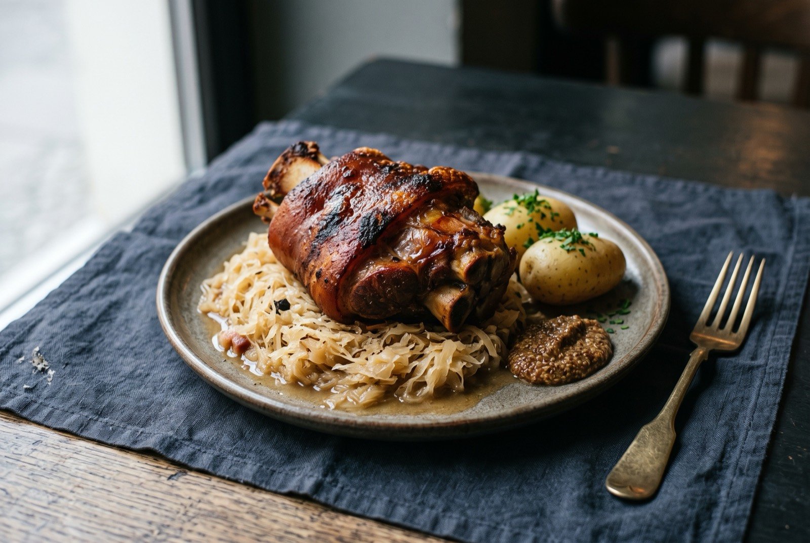 Eisbein mit Sauerkraut, Berlin salt-cured pork knuckle with braised cabbage: a whole glazed pork knuckle with deeply bronzed, blistered skin, resting on a bed of pale golden braised sauerkraut, a small boiled potato and a spoon of dark mustard on the same plate.