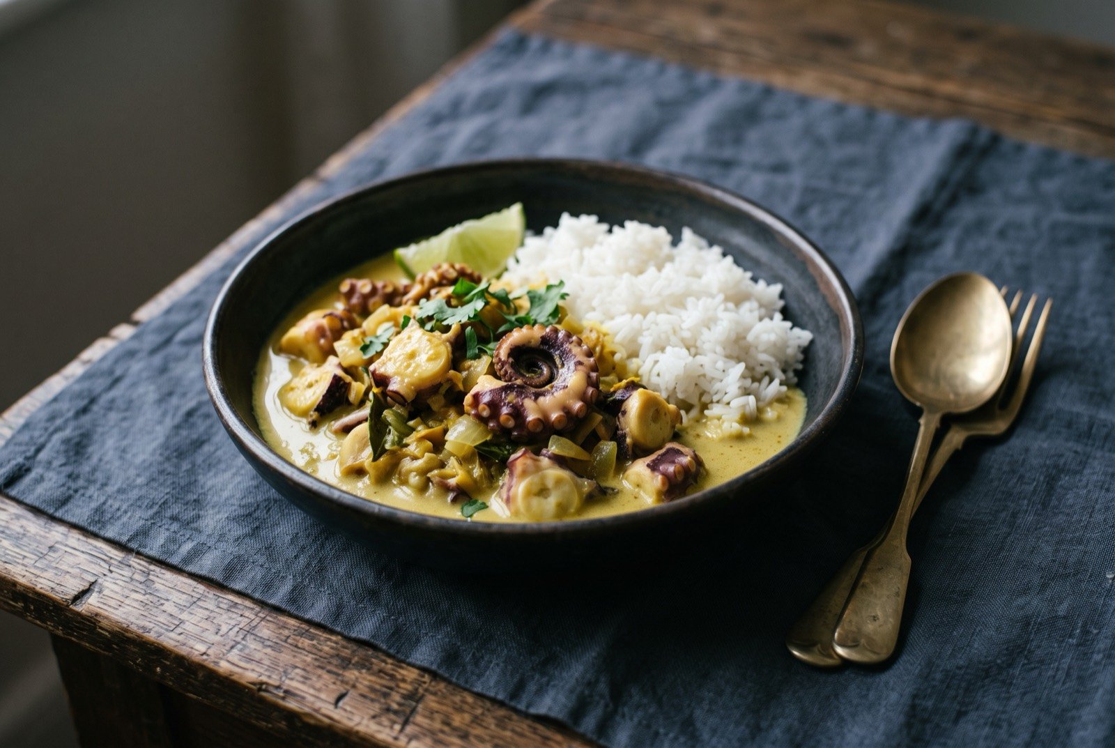 Eke, Cook Islands octopus curried in coconut milk: tender curled pieces of octopus in a thick pale yellow coconut and turmeric sauce, glossy and reduced, served in a dark bowl beside a mound of white rice.