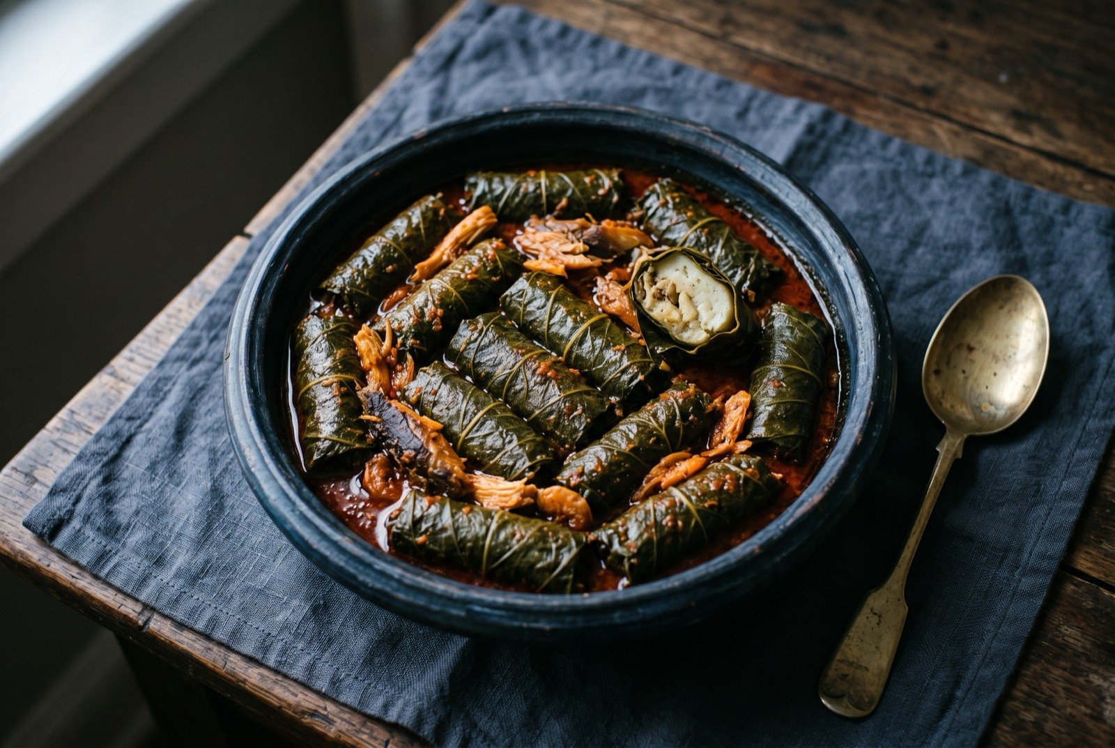 Ekwang: Dozens of finger sized parcels of grated cocoyam wrapped in dark green leaf, packed tight in a crisscrossed layer and sitting in a thick red orange palm oil liquor.