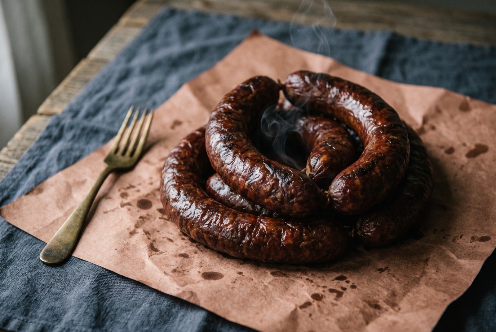 Elgin style all beef smoked sausage, hot guts links straight off the pit: a coil of dark mahogany smoked beef sausage links with a taut, snapped casing, resting on butcher paper, a faint sheen of rendered fat and a curl of smoke still rising.