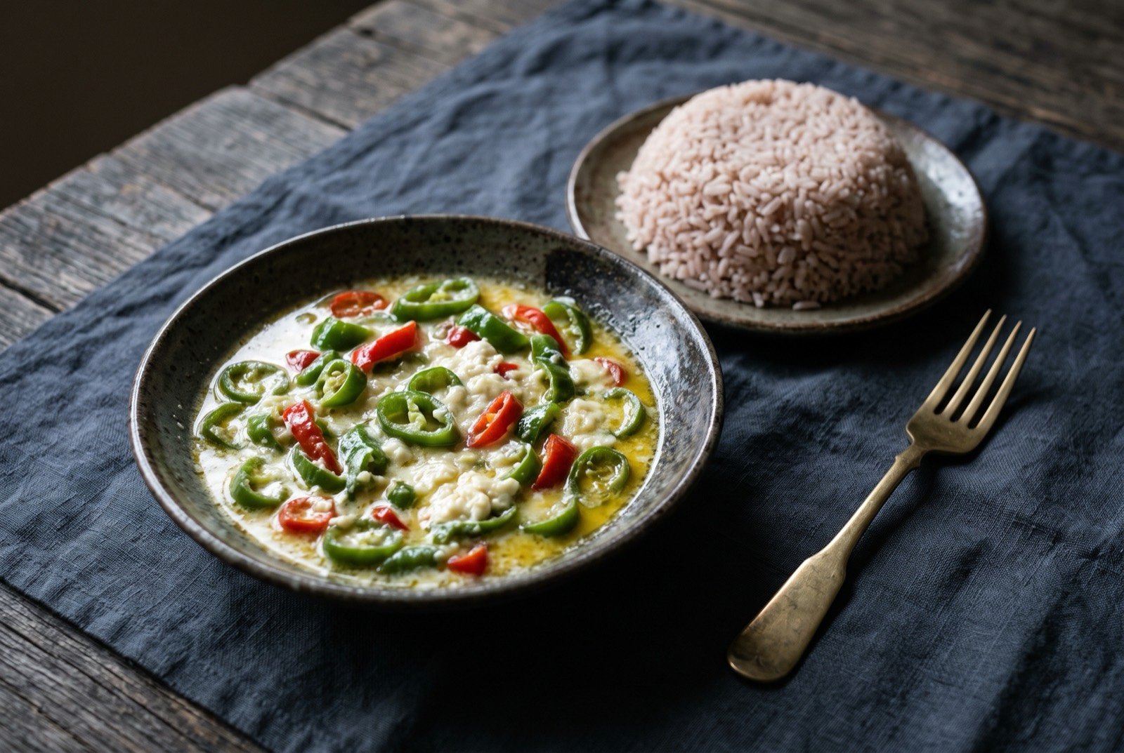 Ema datshi, chillies stewed in melted farmhouse cheese, Bhutan's national dish: a shallow bowl of sliced green and red chillies suspended in a glossy, faintly broken white cheese sauce, visible flecks of soft datshi still holding their shape rather than fully dissolved.