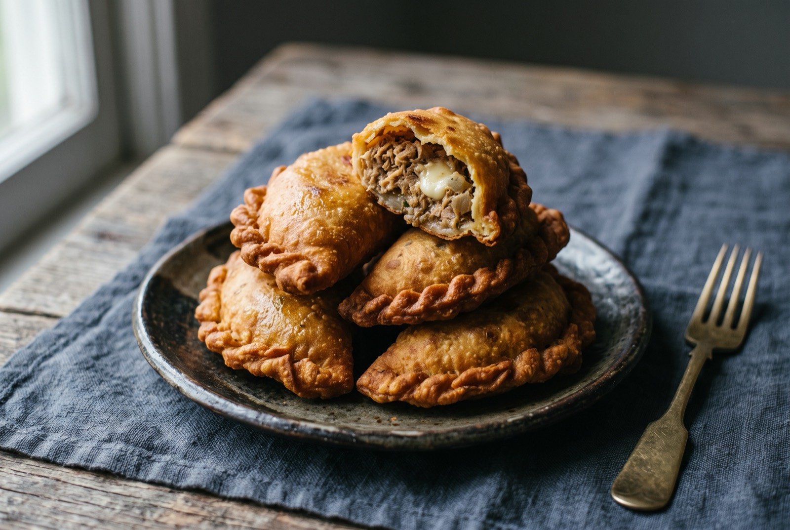 Empanada de atún, fried Rapa Nui tuna empanada: several small, deep golden fried pastry turnovers with a crimped sealed edge, stacked on a dark plate, one broken open to reveal flaked tuna and melted cheese inside.