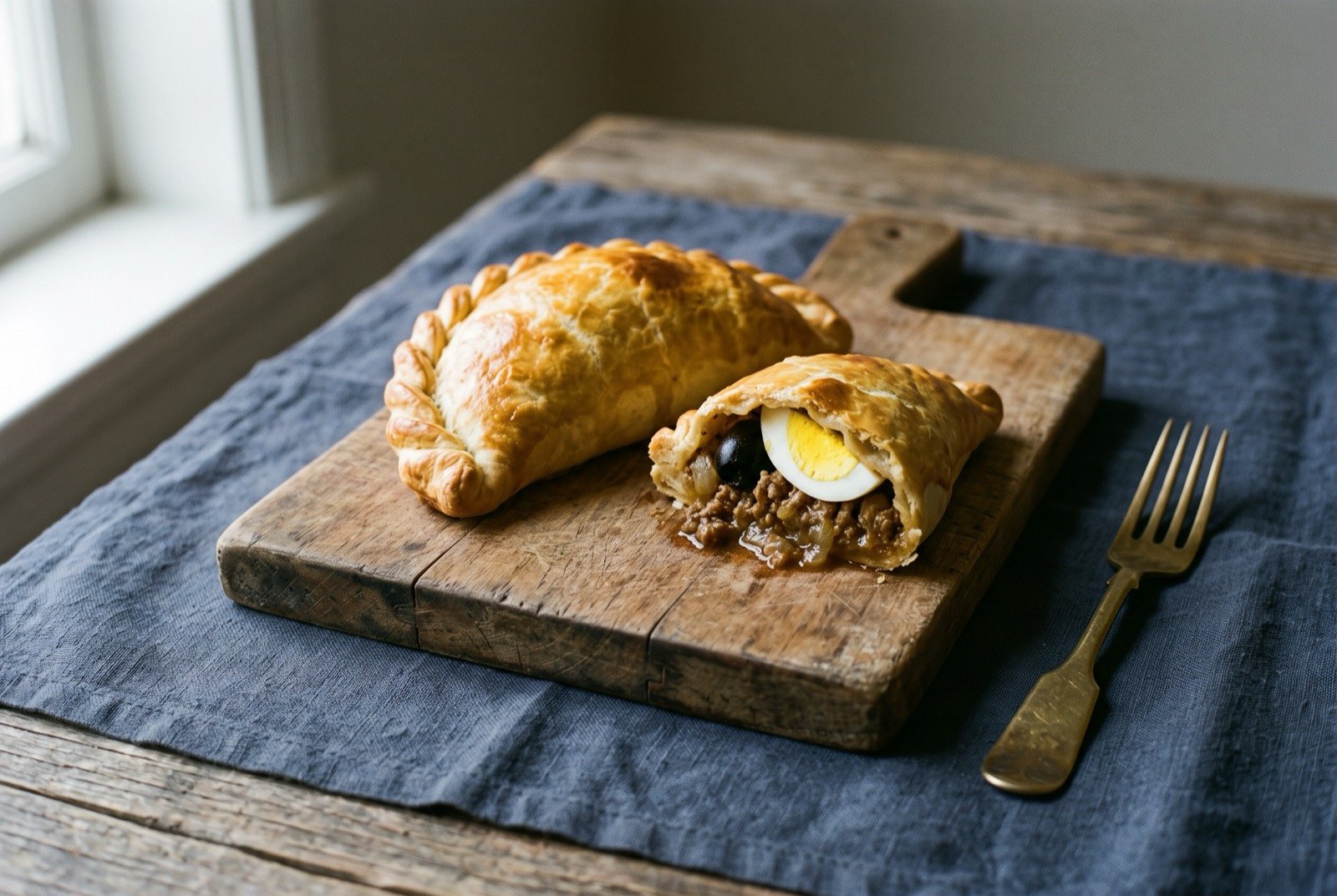 Empanada de pino, a beef and onion pastry parcel with egg and olive: a golden, crescent shaped pastry parcel with a neat crimped seam along its curved edge, one parcel cut open to reveal a dark.