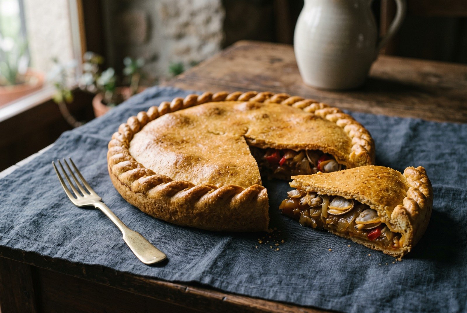 Empanada gallega de berberechos, a Galician cockle pie in golden maize-and-wheat pastry: a round golden-brown pie with a plaited, crimped border, one thick wedge cut and laid on its side revealing a filling of soft cooked onion.