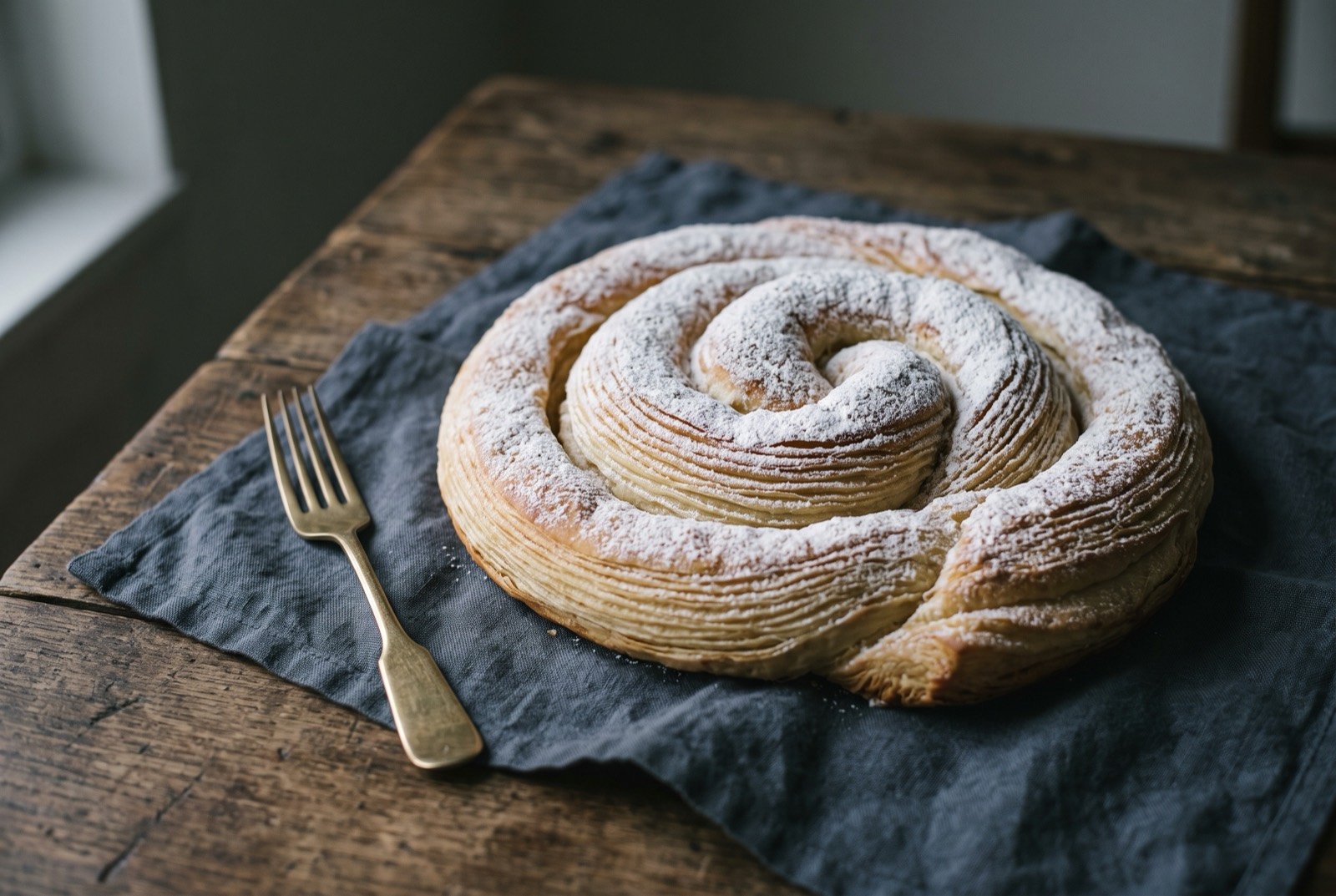 Ensaïmada, coiled lard-laminated sweet pastry: a large pale golden coiled spiral pastry dusted heavily and evenly with white icing sugar, its lamination visible as fine ridged layers around the spiral.