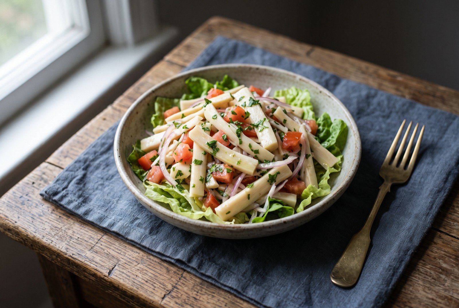 Ensalada de chonta, palm heart salad: pale ivory strips of palm heart tossed with diced red tomato and translucent onion over a bed of lettuce, glistening lightly with a lime and oil dressing.