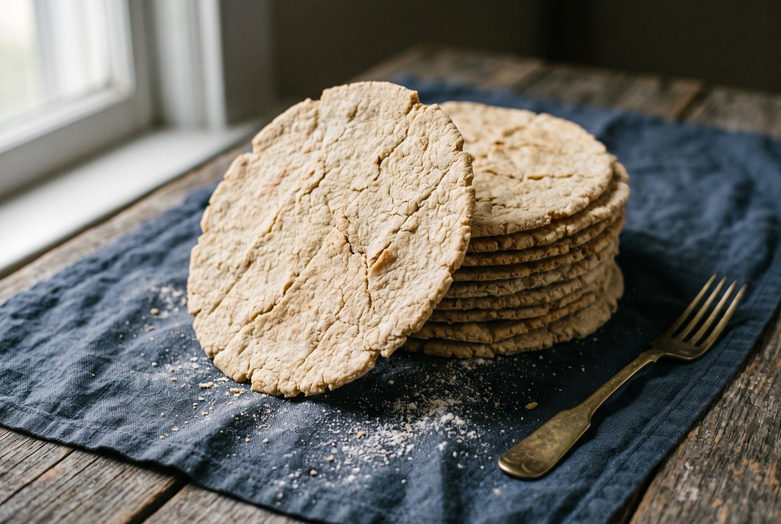 Ereba, a bitter cassava flatbread: a stack of thin, pale golden brown cassava flatbreads, one round leaning upright against the stack to show its dry, faintly cracked surface and knife scored edge.