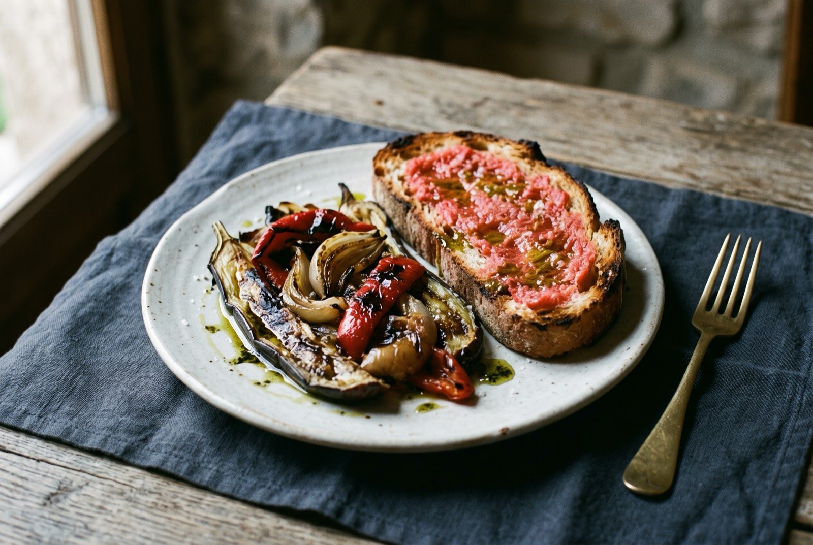 Escalivada amb pa amb tomàquet, fire-blackened vegetables with tomato bread: charred glossy strips of aubergine, red pepper and onion arranged loosely on a white plate beside a thick slice of rustic toasted bread stained deep pink red with rubbed tomato pulp.