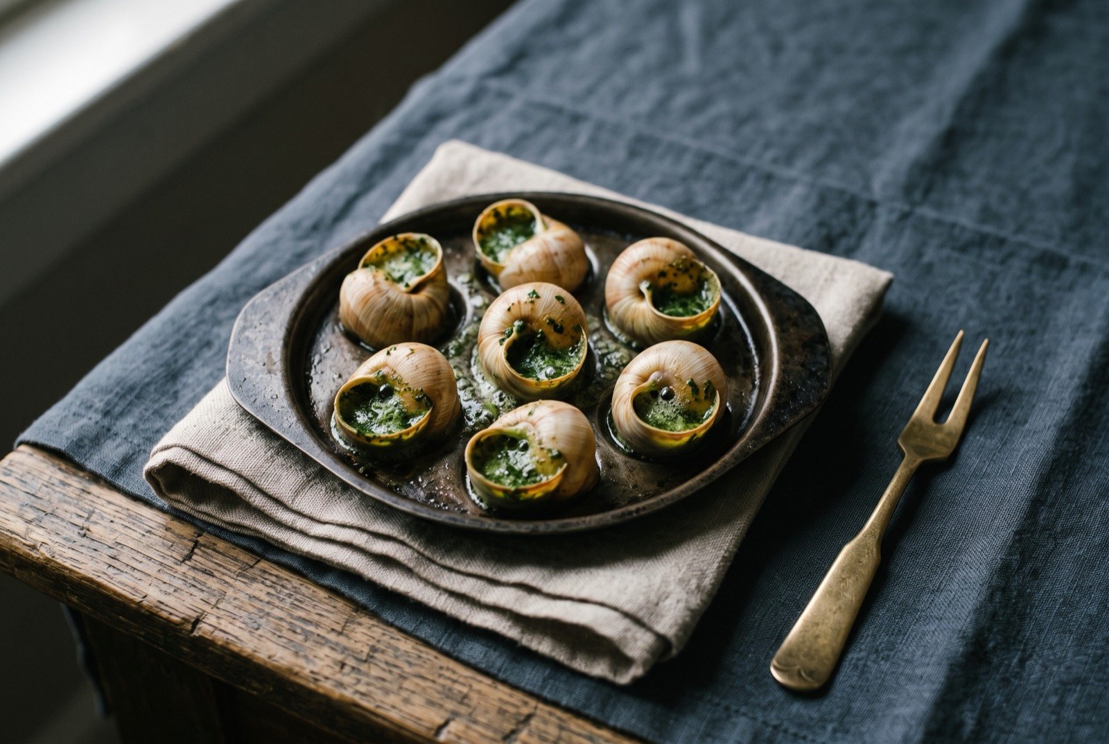 Escargots de Bourgogne, snails baked in their shells under garlic and parsley butter: a dozen snail shells arranged in the dimpled indentations of a traditional escargot dish, each filled to the brim with molten.
