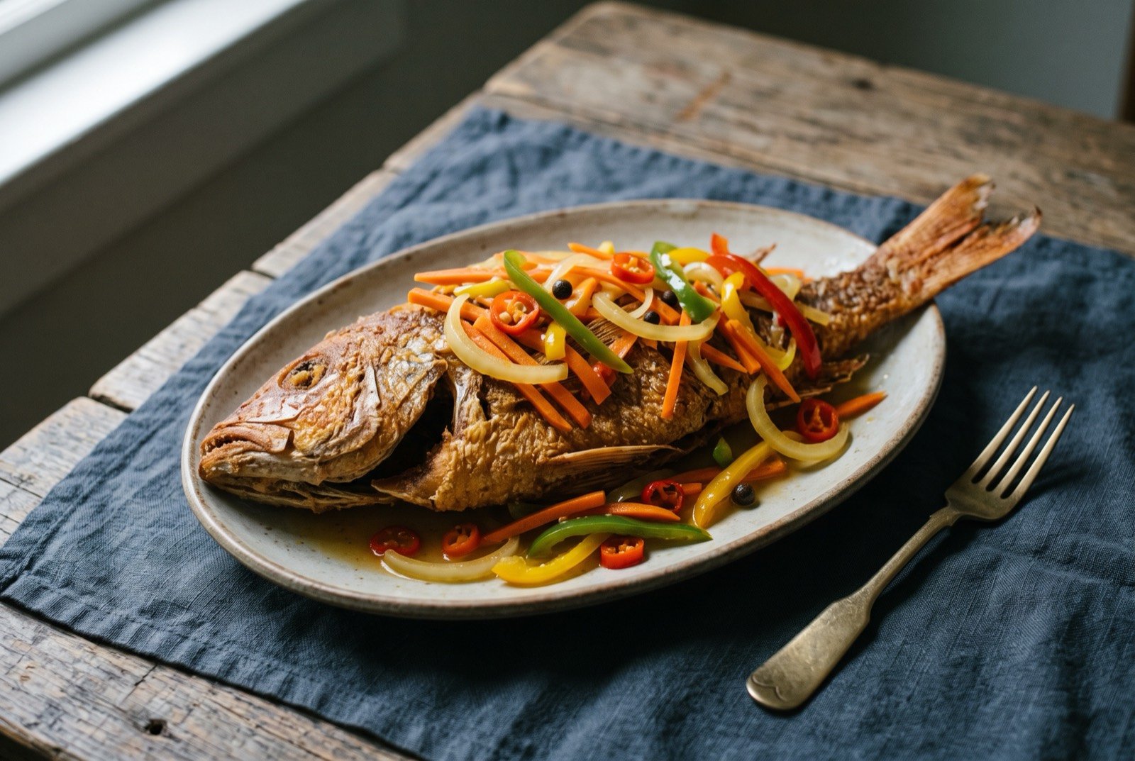 Escovitch fish, fried whole fish in a vinegar pepper pickle: a whole fried red snapper on an oval plate, skin crisp and deep golden brown, topped with a glistening pile of pickled julienned carrot.