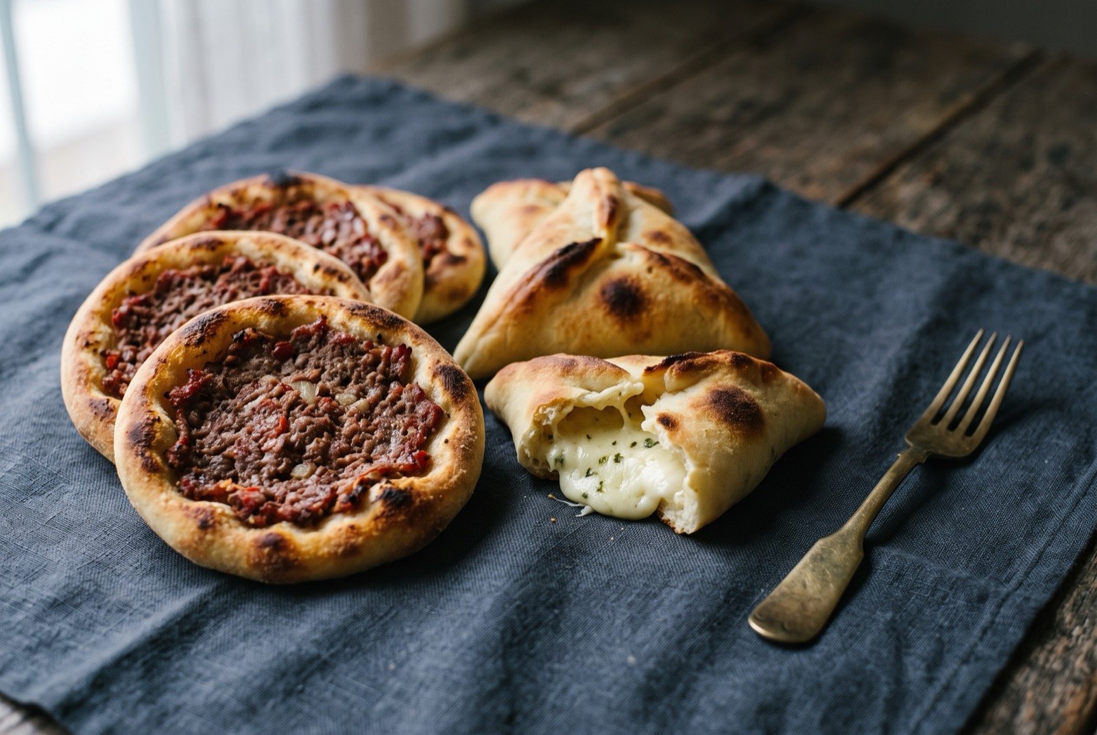 Esfiha, the open-faced Levantine pastry: a mix of small open-faced discs of dough topped with a thin layer of dark red spiced minced meat, their edges golden and slightly charred.