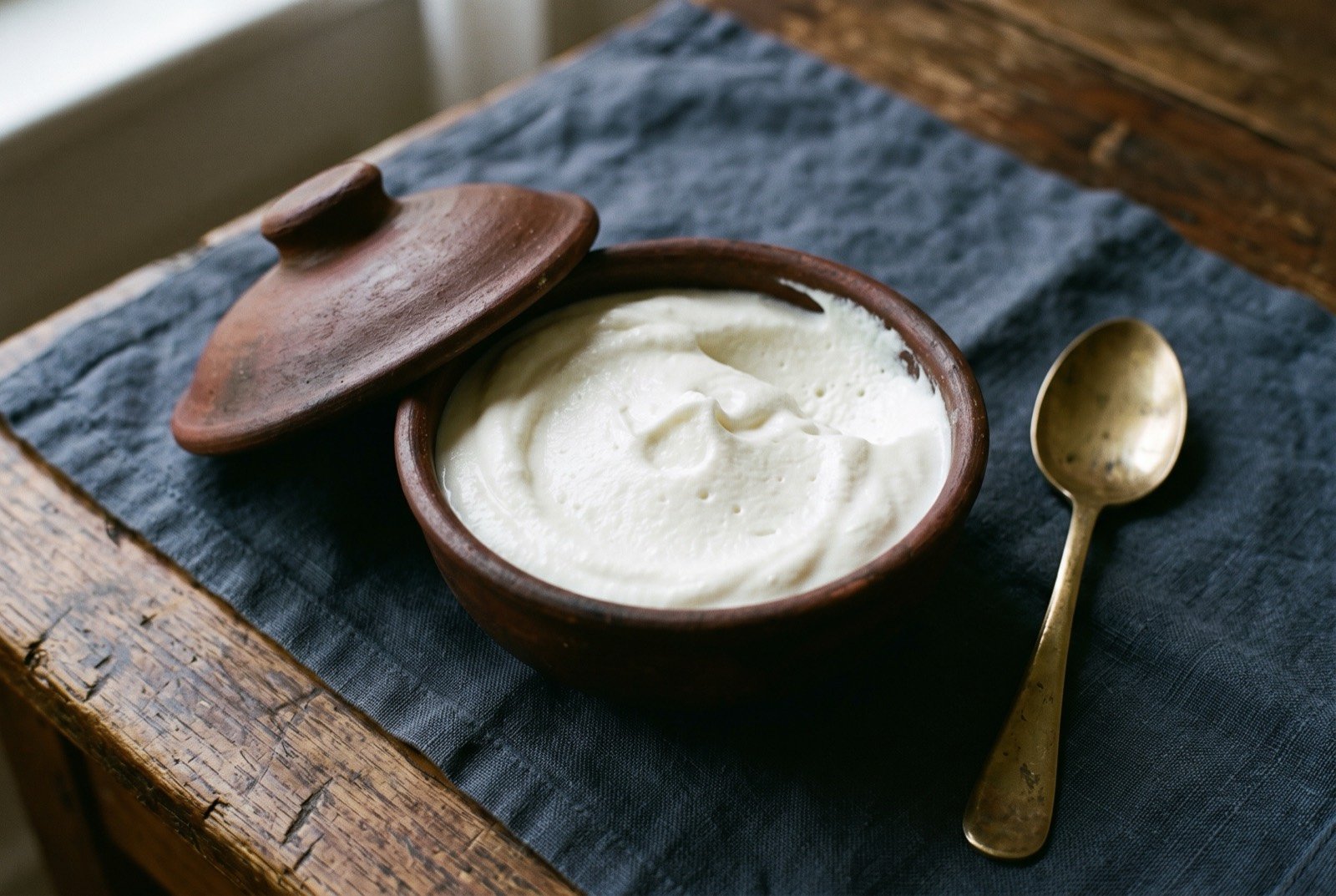Eshabwe: A thick, almost pure white whipped emulsion, matte and aerated, about the consistency of very thick set yoghurt, holding soft peaks and fine small bubbles where the spoon has lifted away. Served cool in a small lidded round clay bowl.