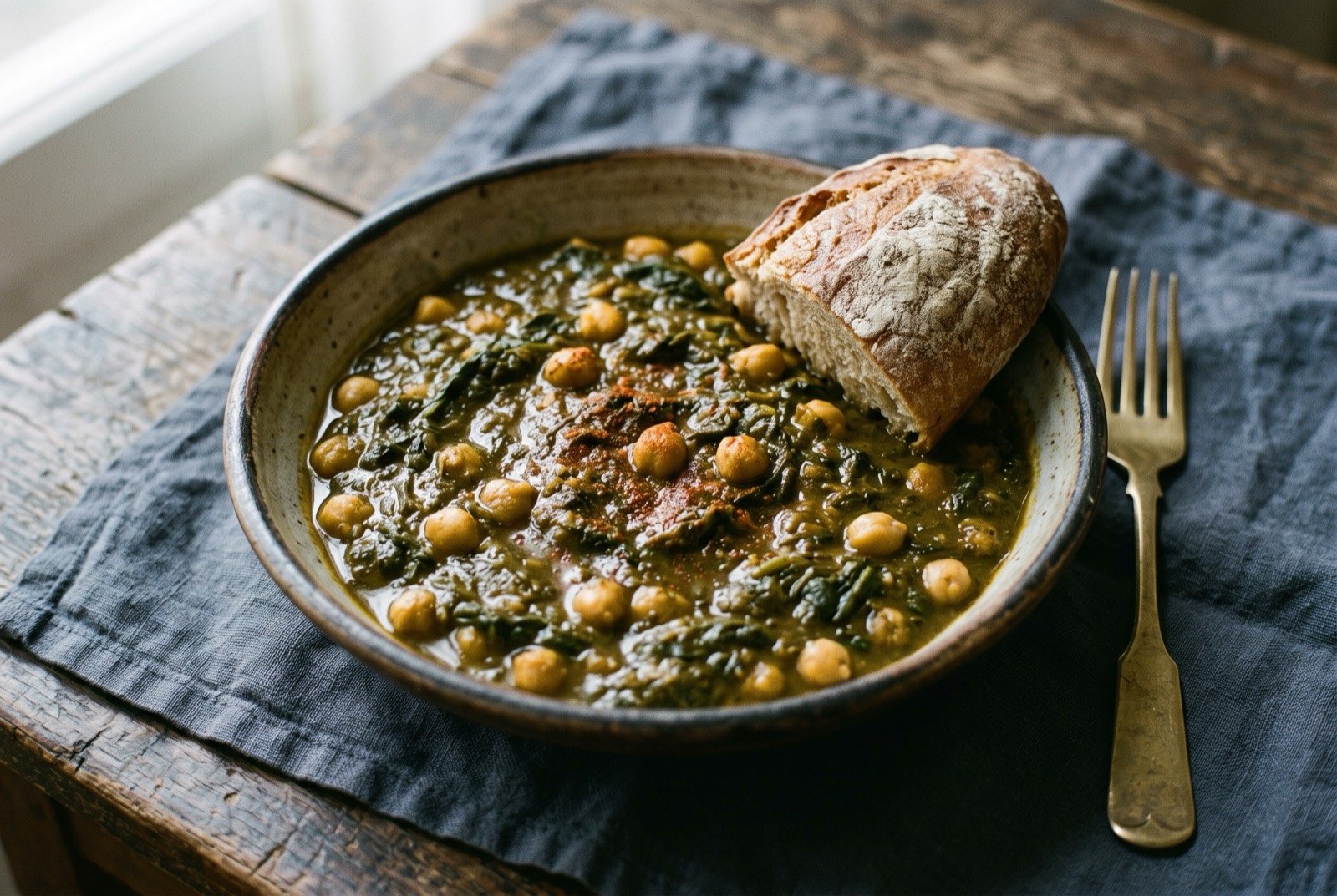 Espinacas con garbanzos, Seville spinach and chickpeas: a deep, dark olive green stew of broken down spinach studded with pale golden chickpeas, thick and glossy rather than watery.