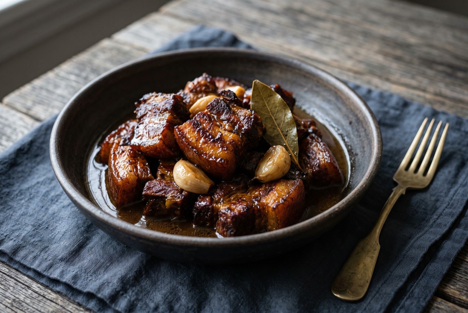 Estufao, Spanish derived pork braise: cubes of dark glazed pork with a deeply browned crisped surface, piled in a dark bowl, a thin glossy brown gravy pooled beneath.