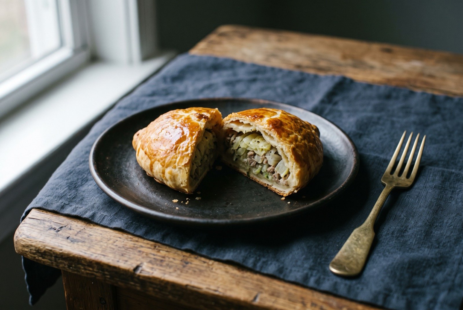 Etli nan, baked meat and cabbage pastry: a small, plump, golden brown baked pastry with a glossy egg washed crust, cut open to show the pale cabbage and meat filling inside.