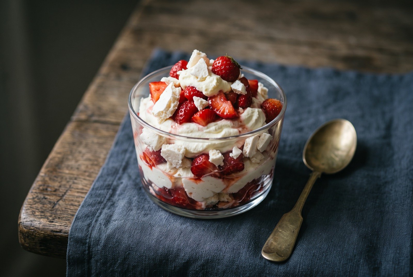 Eton mess, crushed meringue with cream and strawberries: a glass loosely layered with whipped cream, shards of crushed white meringue and chopped fresh strawberries in a rough, informal swirl.