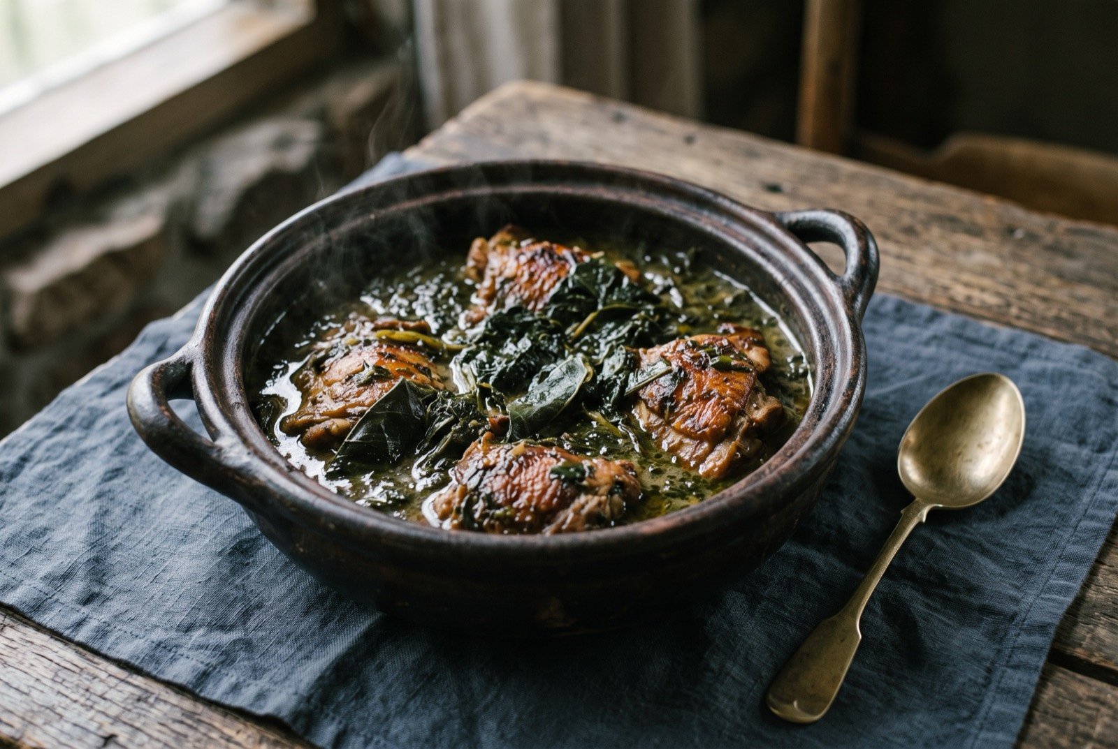 Poulet fafa, Tahitian chicken stewed with young taro leaf and coconut milk: a deep pot of dark green stewed taro leaf and browned chicken thighs in a pale coconut sauce, glossy and thick, a few whole leaves still visible through the sauce.