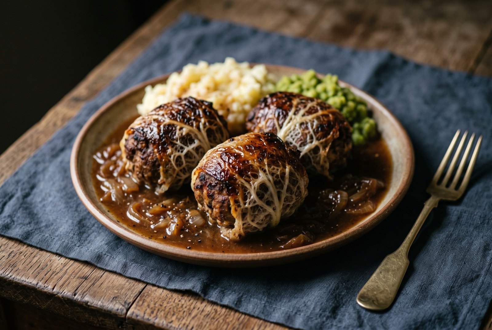 Faggots, Black Country pork offal and caul fat: three round faggots wrapped in pale, delicately webbed caul fat, roasted to a deep golden brown and slightly domed, sitting in a shallow pool of dark onion gravy on a plain plate.