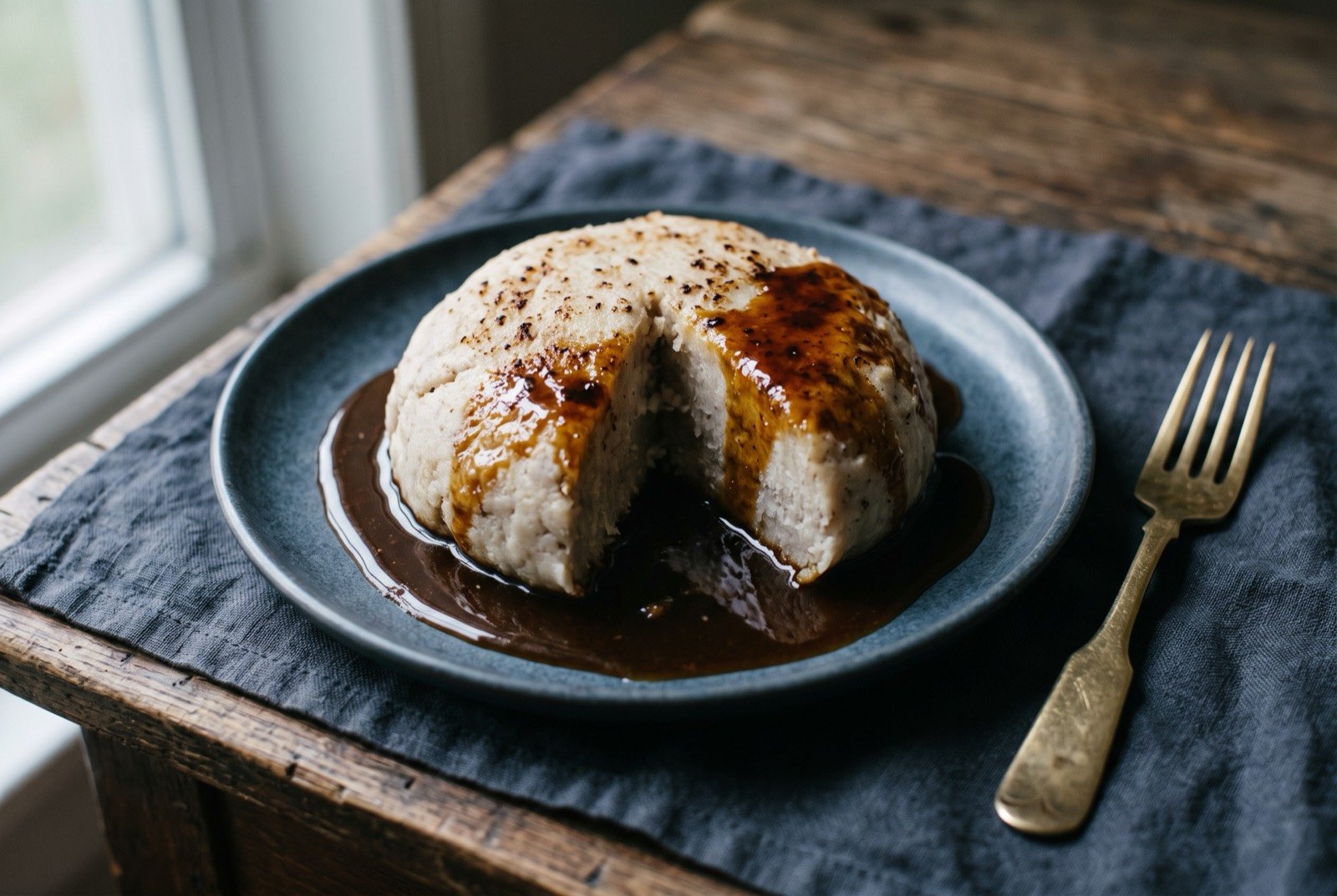 Fahfah, Kosrae's pounded taro and banana finished under caramelised coconut sauce: a pale mound of pounded taro and banana on a dark plate, cut through and pooled with a dark amber caramelised coconut sauce running glossy over one side.