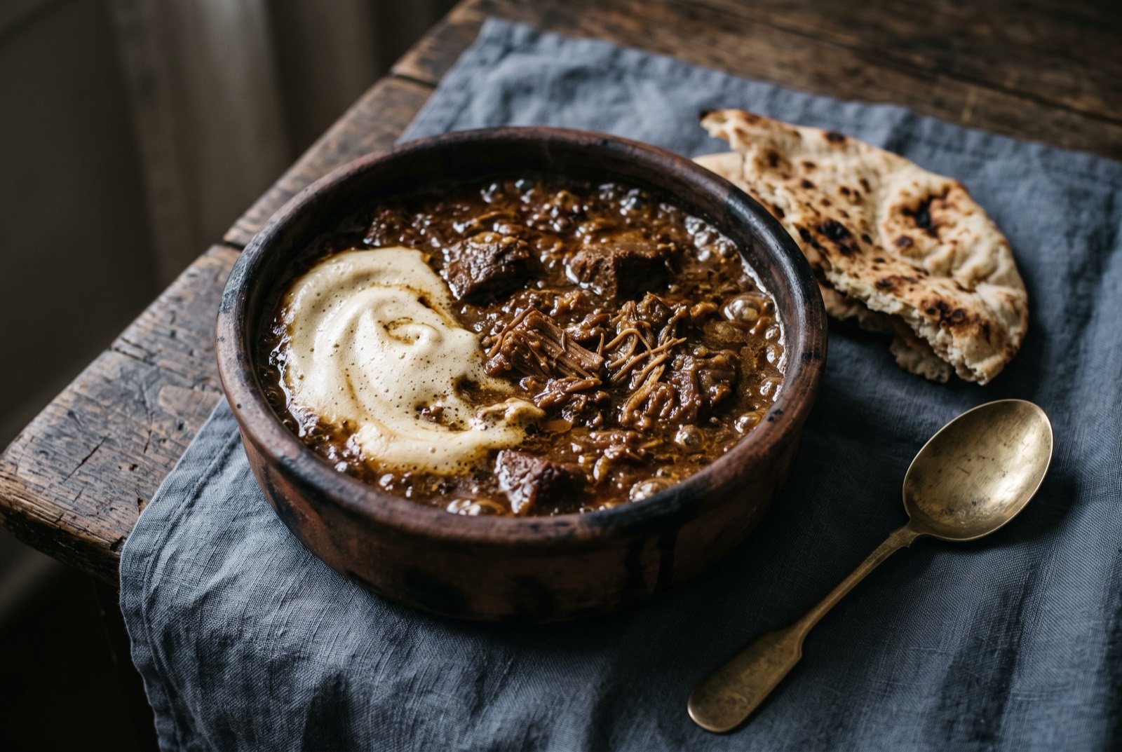 Fahsa, Yemen's hard-browned meat stew finished with hilbah: a bubbling clay bowl of deep brown reduced meat stew, tender chunks of veal visible through a thick glossy sauce, a pale swirl of whipped fenugreek folded through one side.