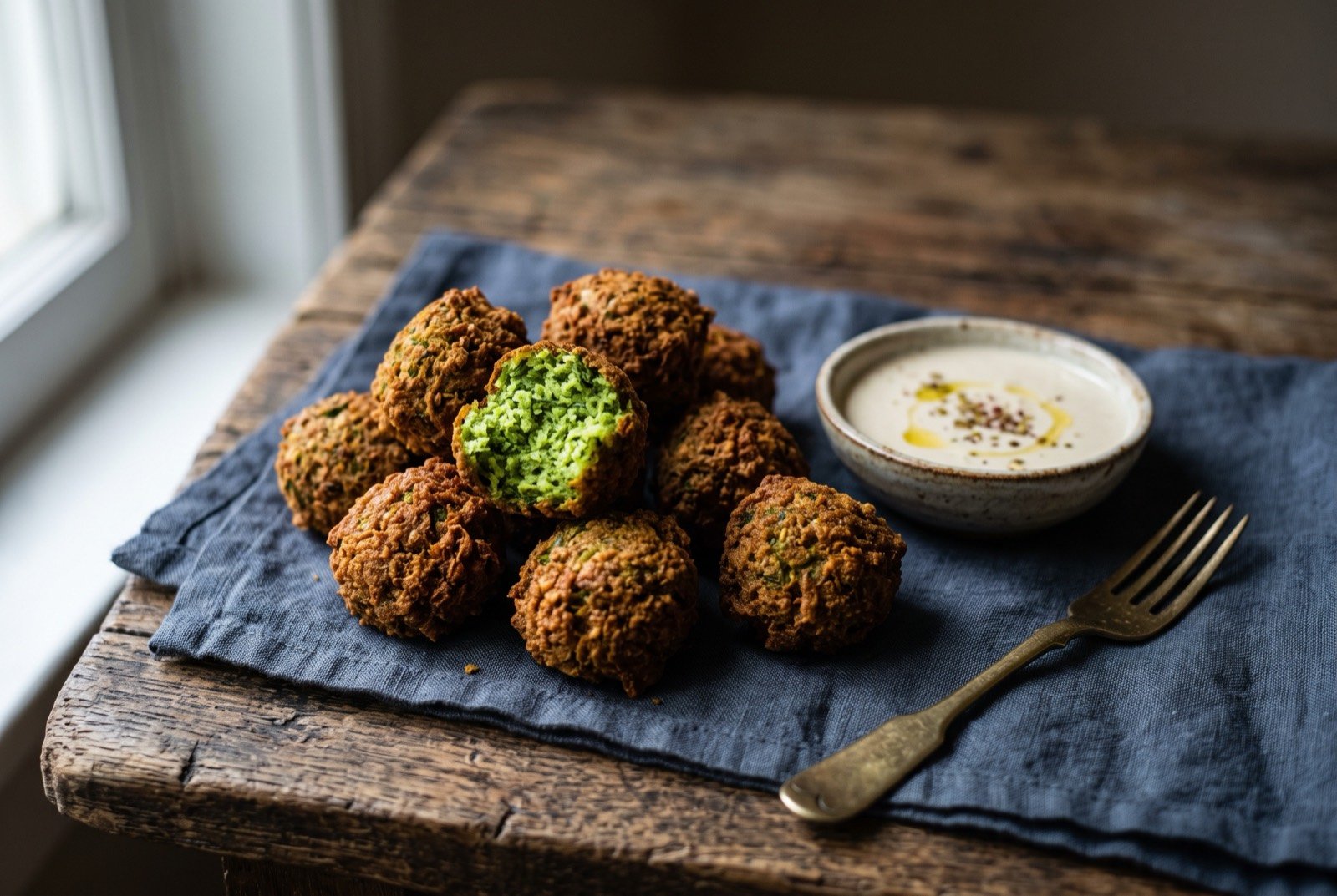 Falafel, Israel's deep-fried chickpea fritter, contested since before the state existed: a small pile of deep golden brown falafel balls with a rough, craggy fried crust, one broken open to show a vivid green.