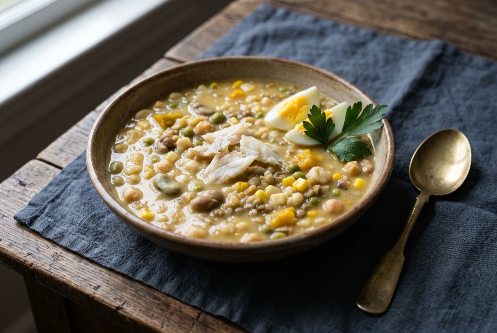 Fanesca, a twelve grain Lenten soup with salt cod: a wide earthenware bowl of thick, pale golden soup dense with visible beans, peas, kernels of corn and squash, a few flakes of white salt cod resting on the surface.