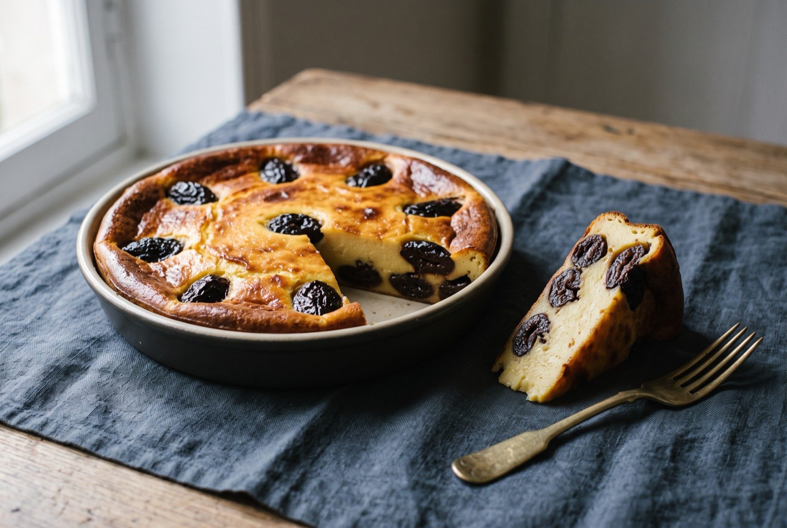 Far breton, a dense custardy baked cake studded with prunes: a thick slice of a dense, custardy golden brown baked cake studded with dark purple prune halves, its top deeply caramelised and slightly domed.