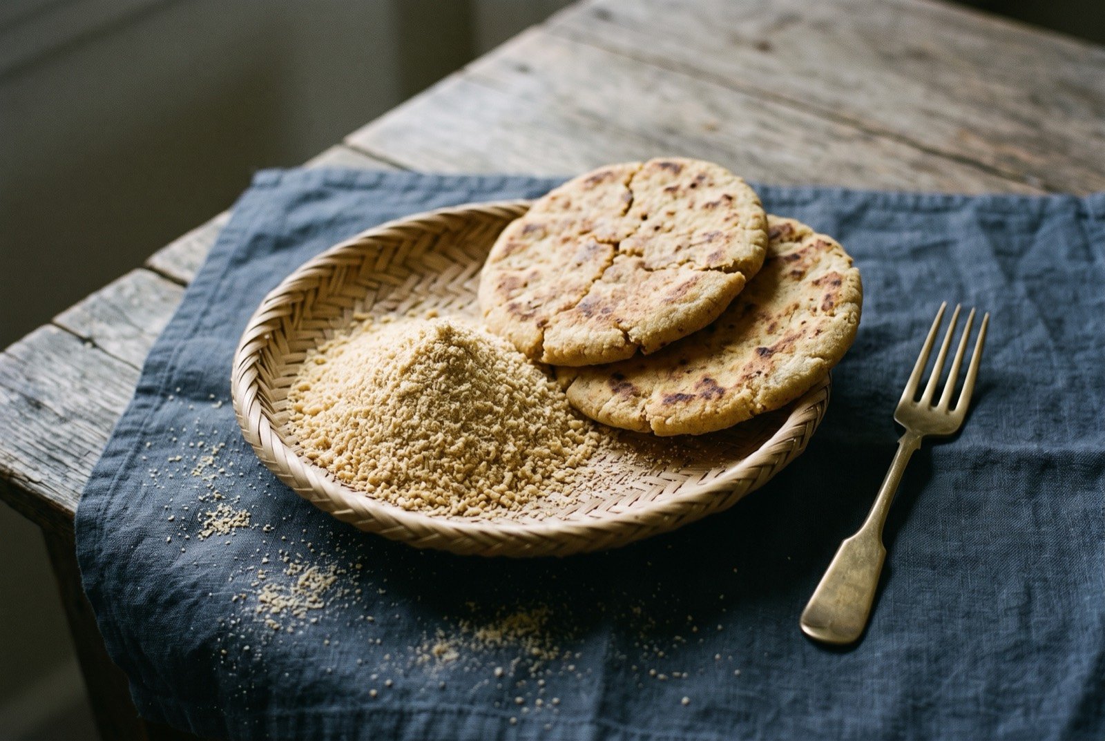 Farine and cassava bread, toasted cassava meal and a griddled flatbread: a shallow woven basket holding a small mound of coarse, pale golden toasted cassava meal beside two flat, cracked golden brown cassava bread discs stacked slightly askew.