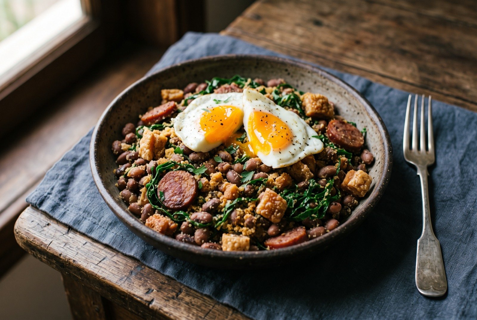 Feijão tropeiro, fried beans with toasted cassava flour and crackling: a heaping mound of dark speckled beans fried together with toasted golden cassava flour, glossy with rendered pork fat, studded with crisp curls of torresmo and browned rounds of sausage.