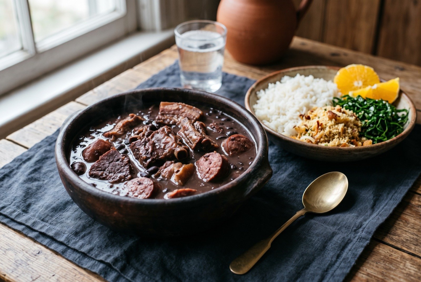 Feijoada carioca, Rio's black bean and pork stew: a deep black bean stew thick with pieces of pork, glossy dark broth pooling around cut meat, served in a wide dark clay bowl beside a mound of white rice.