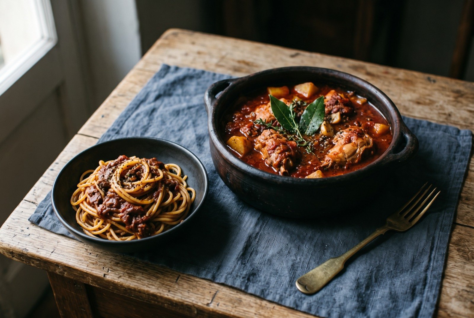 Fenkata, Malta's rabbit dish, cooked fried or slow stewed in red wine: a rustic platter with pieces of rabbit shown two ways, some deeply fried to a dark golden crust, others glossy and falling apart in a rich red wine stew.