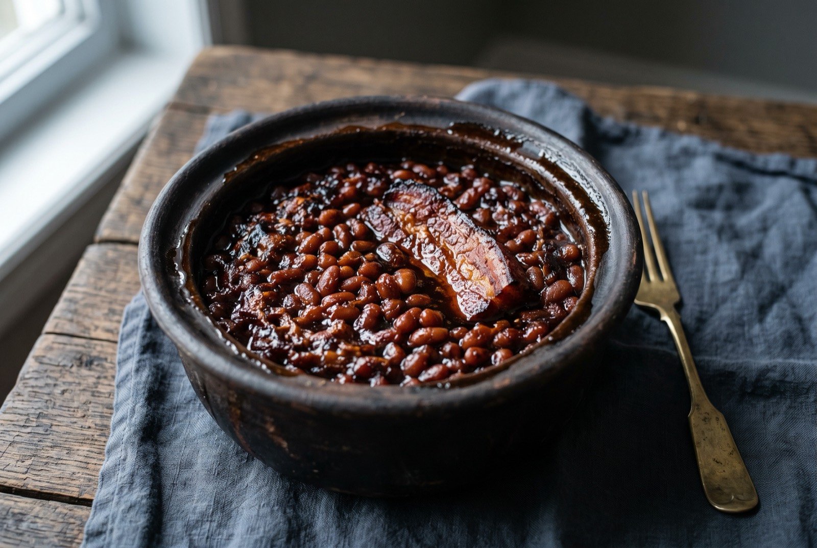 Fèves au lard, maple baked beans: a rustic dark clay pot of glossy, deep mahogany baked beans, a single piece of maple smoked bacon visible half submerged among them.