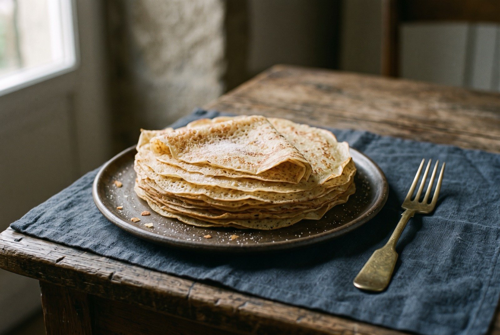 Filloas, thin Galician crepes cooked on a hot griddle: a stack of thin, delicately speckled golden-brown crepes, slightly translucent at the edges, folded into loose quarters.