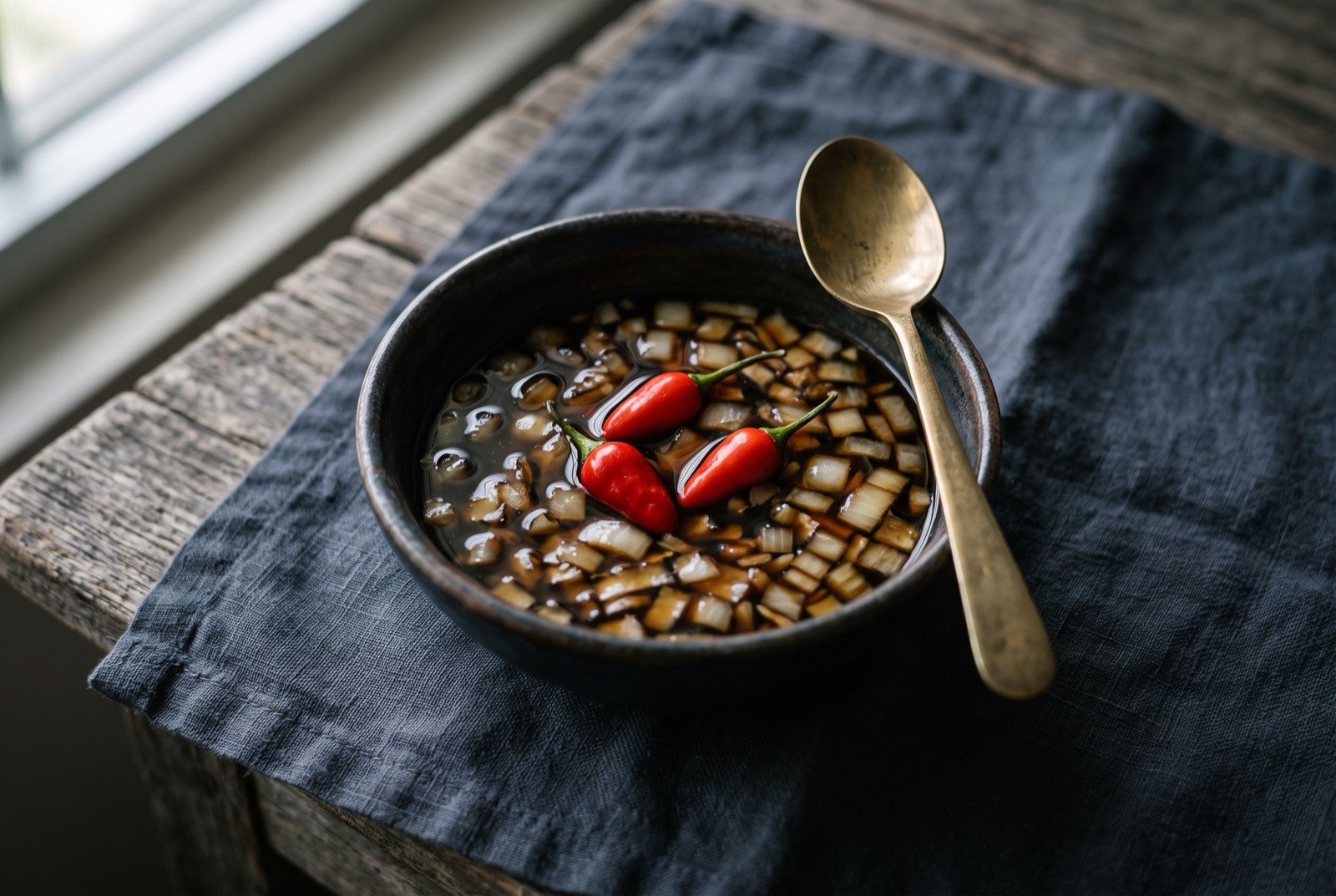 Fina'denne', the CHamoru soy, vinegar and hot pepper table sauce: a small dark dipping bowl of thin dark soy brown sauce, pale diced onion suspended in it, two or three small bright red whole chillies floating on the surface.