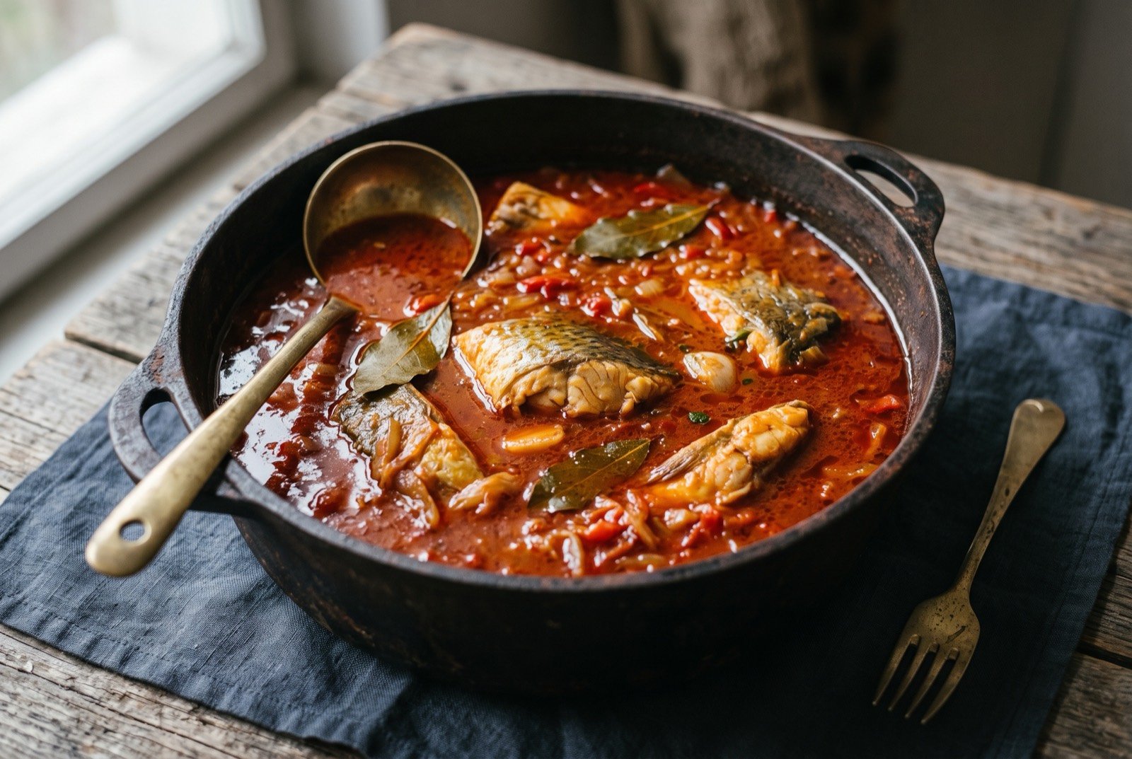Fiš paprikaš, single-fish river stew: a wide, shallow dark pot filled with a thick, deep brick-red paprika broth, large pale pieces of river fish visible just beneath the glossy surface.