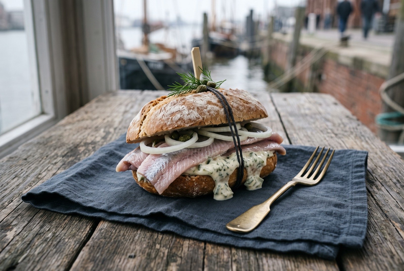 Fischbrötchen mit Matjes, a Hamburg dockside herring sandwich: a split bread roll piled high with pale silvery Matjes herring fillets, thin raw onion rings and a pale creamy remoulade spilling slightly from the sides.
