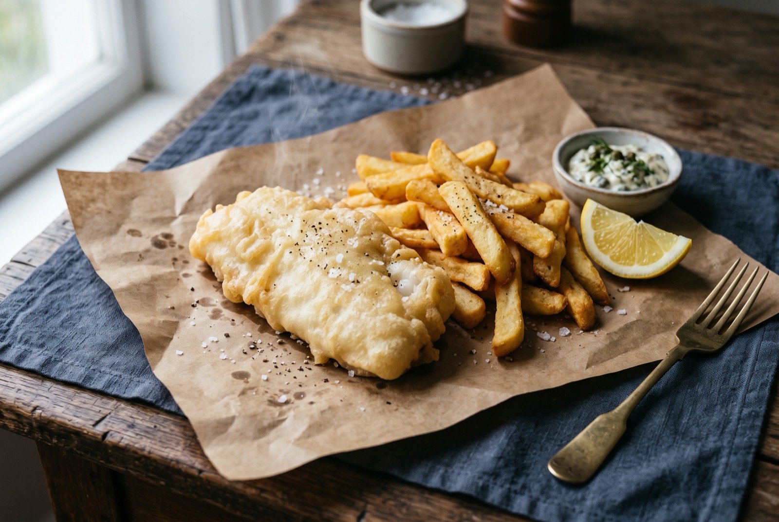 New Zealand fish and chips, battered white fish with double-fried chips: a large piece of pale golden battered fish resting on brown paper beside a generous pile of thick, pale gold double-fried chips.