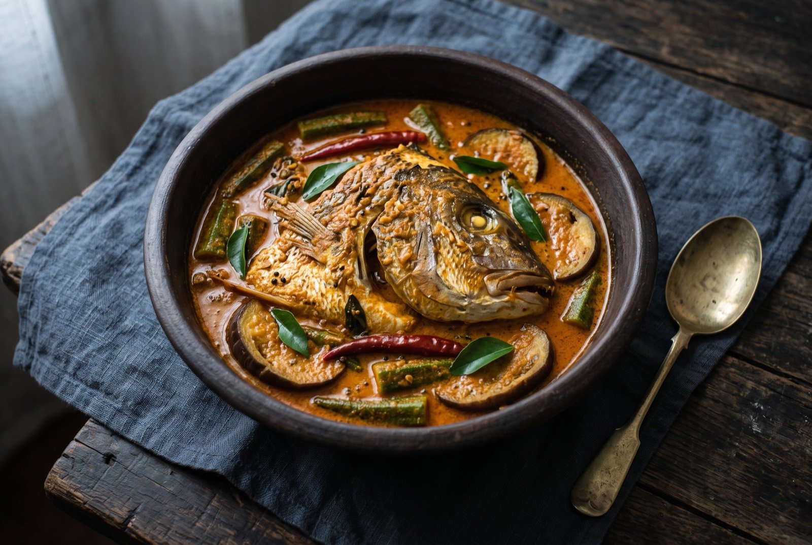 Fish head curry, a whole split fish head simmered in a coconut and tamarind curry: a wide dark clay pot of thick orange-red coconut curry, a whole split fish head resting at its centre surrounded by okra and aubergine.