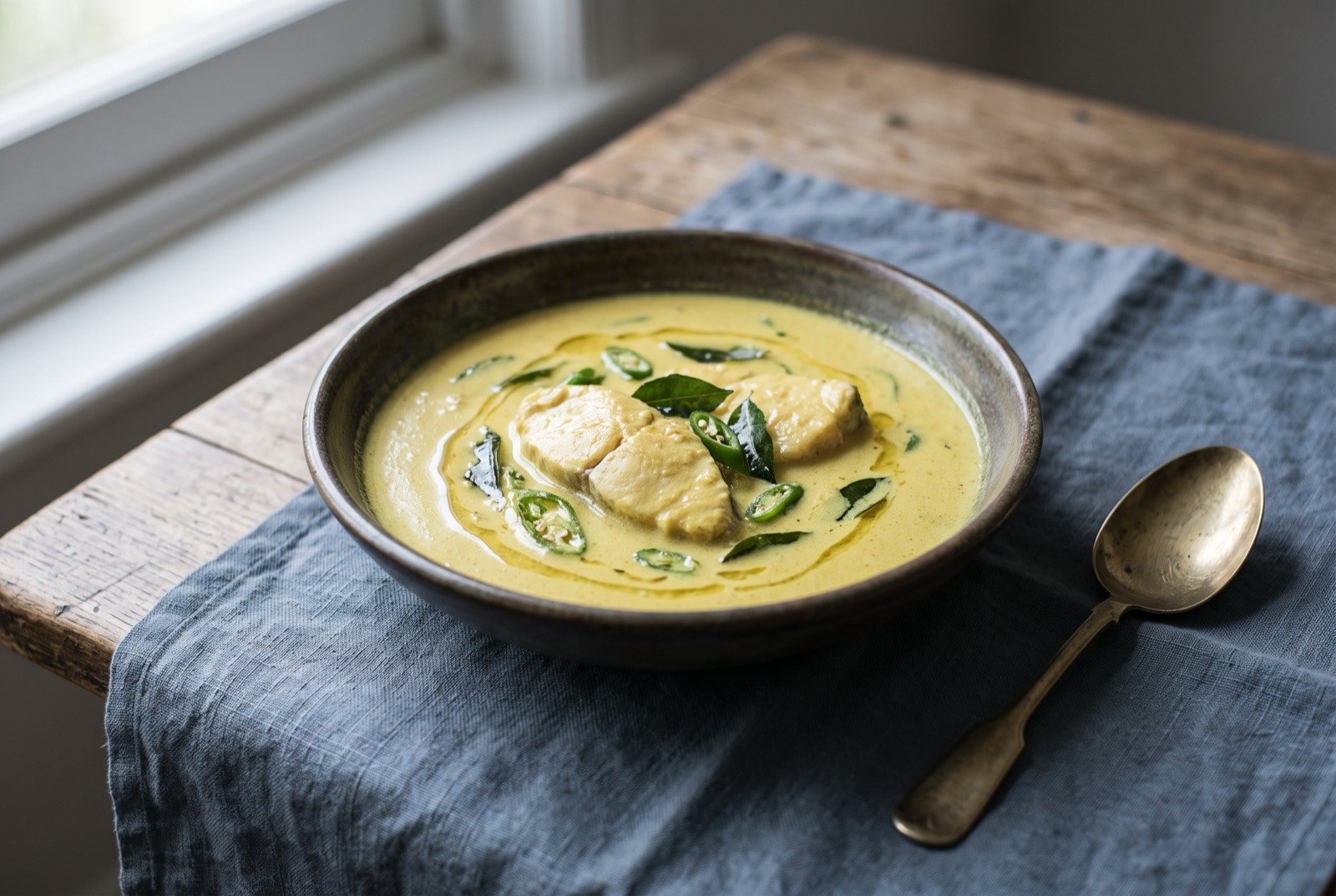 Fish moilee, a coconut milk fish curry: firm white fish pieces in a pale yellow, glossy coconut milk gravy, a few curry leaves and green chilli slivers resting on the surface.