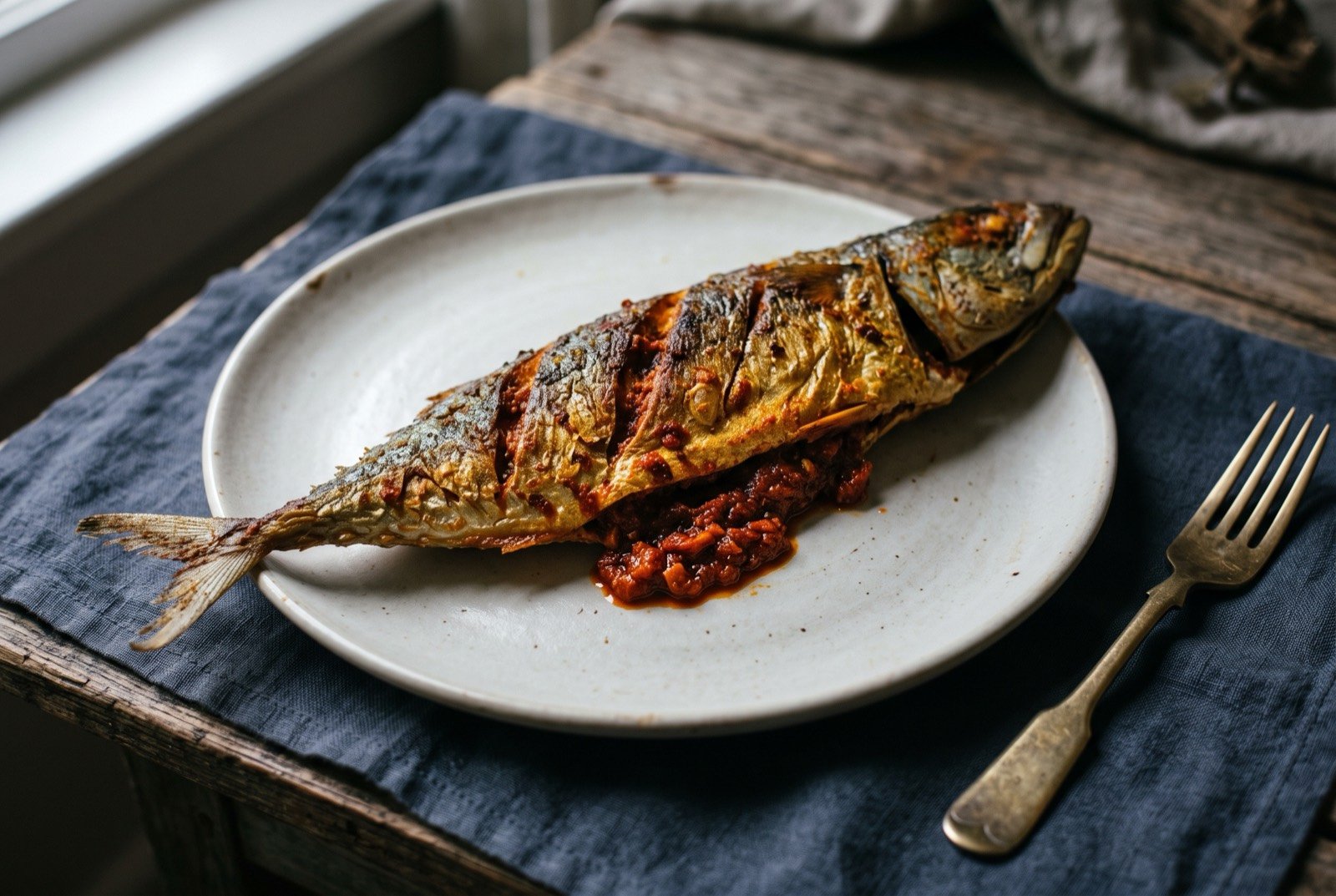 Fish recheado, a whole fried fish stuffed with a dark red chilli paste: a whole fried mackerel with crisp golden brown skin, a dark red-orange spiced paste visible bulging from a scored slit along its length.