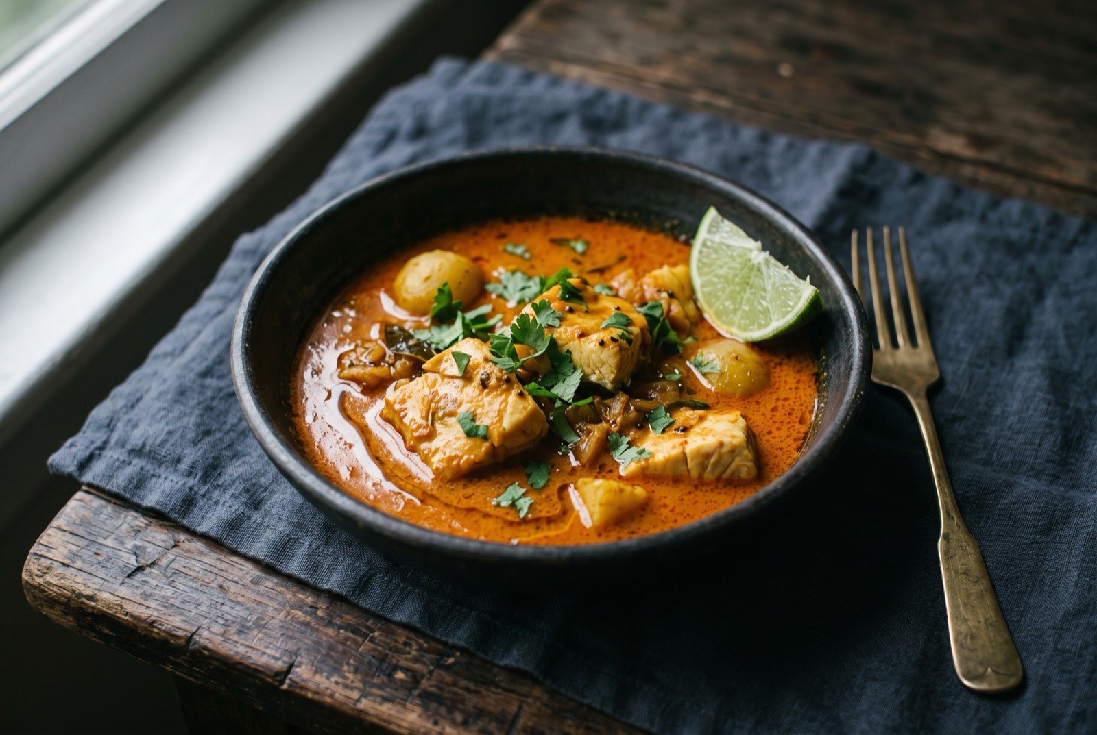 Fish suruwa, Indo-Fijian coconut fish curry: firm white fish pieces submerged in a thin, orange-red coconut curry gravy in a dark bowl, a light sheen of oil on the surface.
