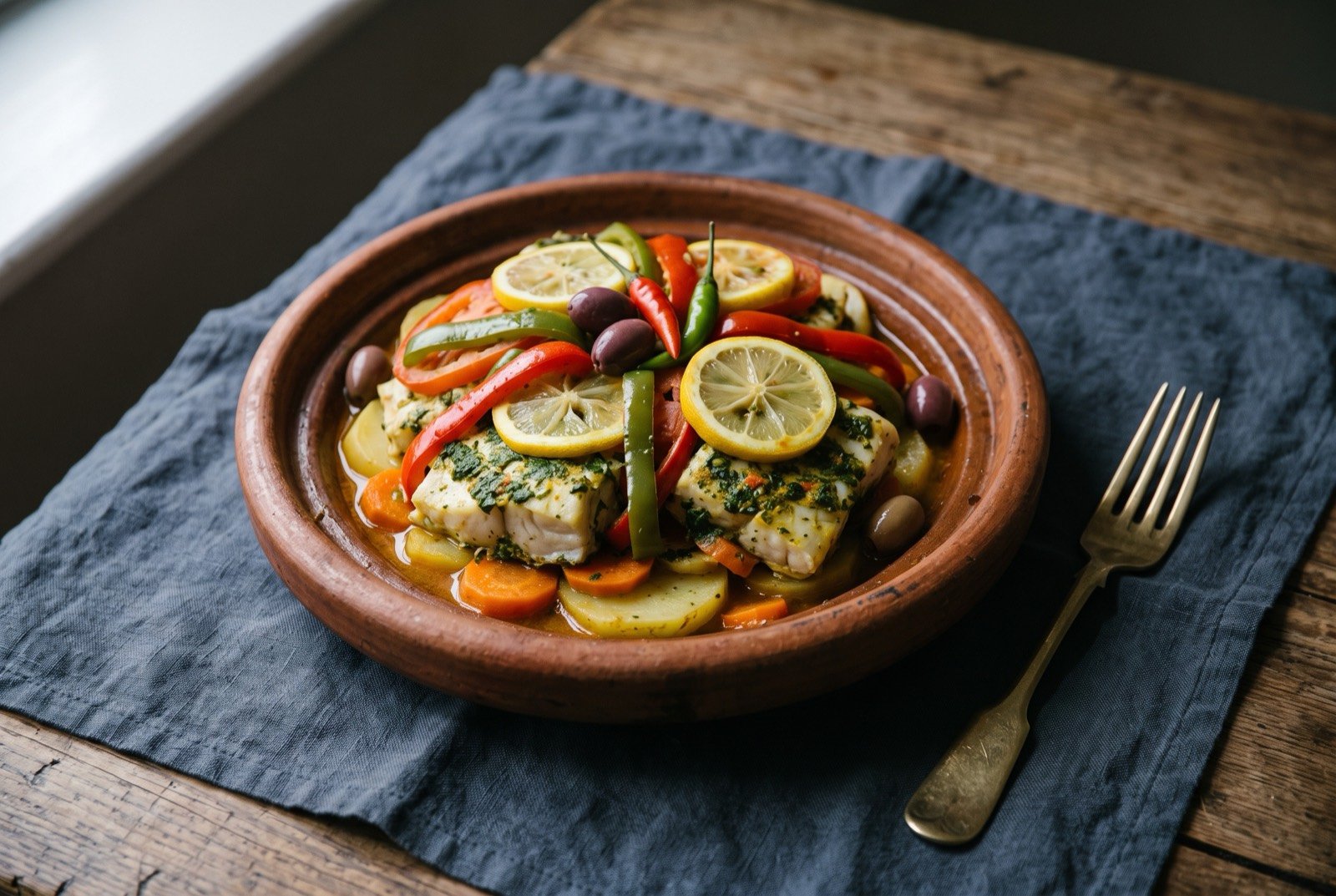 Fish tagine with chermoula: A shallow open earthenware dish layered visibly: sliced potato and carrot beneath, thick white fish coated in green herb chermoula above.