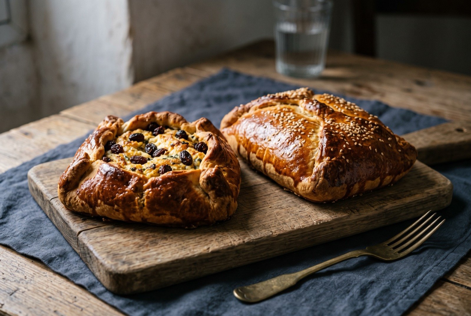 Flaounes and pilavuna, Cyprus's shared Easter cheese pastries, one sweet, one savoury: two distinct golden baked pastries side by side, one an open topped round pastry with a visible cheese and raisin filling flecked with dark dried mint.