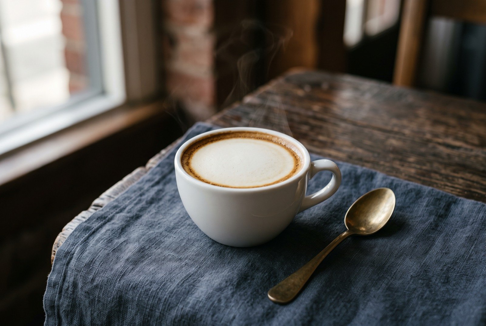 Flat white, espresso with a thin layer of finely textured steamed milk: a small white ceramic cup filled with pale tan coffee, a thin, smooth layer of finely microfoamed milk on top with no latte art.