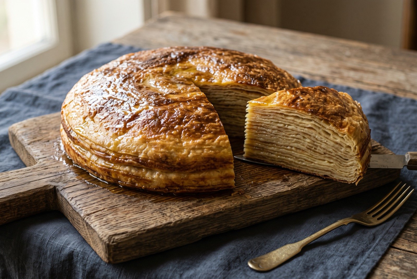 Flija, a many-layered saç-baked pastry pie: a thick, domed round pie cut into one wedge that stands slightly apart, revealing dozens of very thin, distinct golden-brown horizontal layers stacked like tree rings.