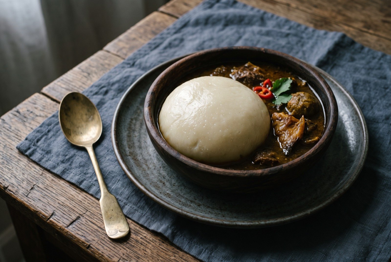 Dumboy, Liberia's pounded cassava: a smooth, dense, pale off white mound of pounded cassava with a glossy, slightly sticky surface and no visible lumps, sitting beside a small dark thick soup.